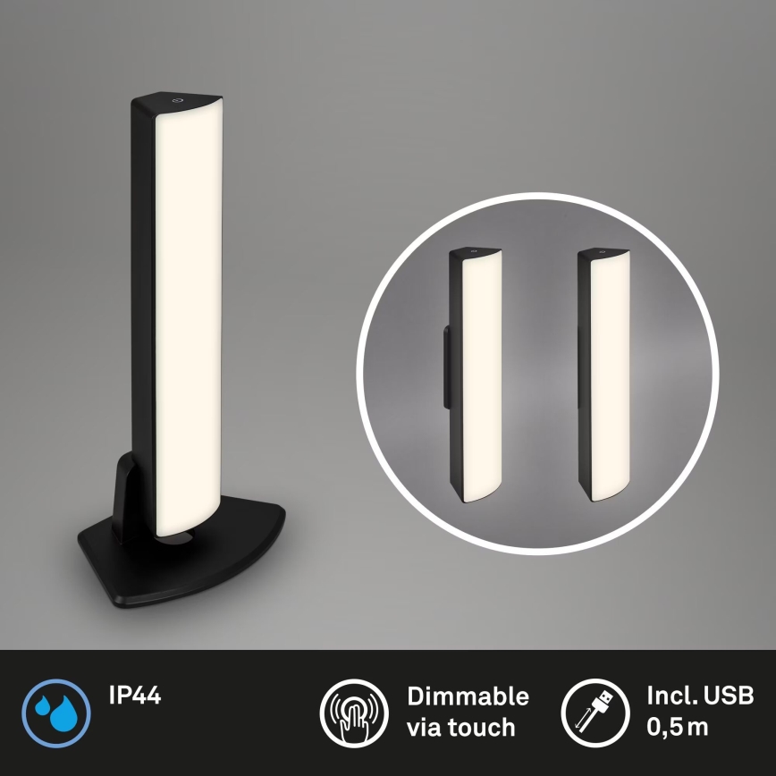 Briloner 7474-015 - LED Himmennettävä kosketus ladattava ulko pöytävalaisin 2in1 LED/7W/5V 2200 mAh USB 3000K IP44 musta
