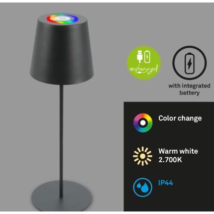 Briloner 7507015 - LED RGB Himmennettävä ladattava ulko pöytävalaisin 2in1 LED/2,5W/5V IP44 antrasiitti