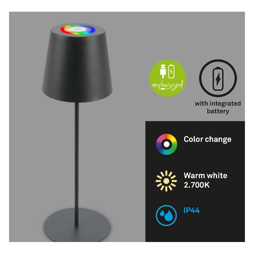 Briloner 7507015 - LED RGB Himmennettävä ladattava ulko pöytävalaisin 2in1 LED/2,5W/5V IP44 antrasiitti
