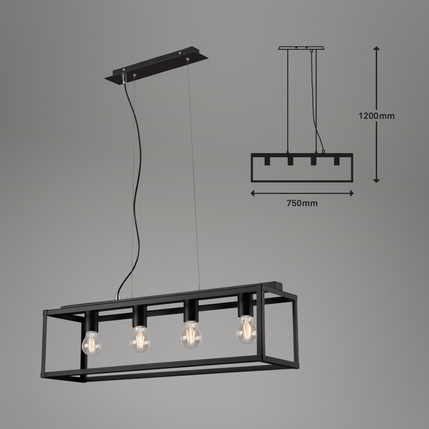 Briloner - Kattokruunu johdossa BLACK STEEL 4xE27/40W/230V