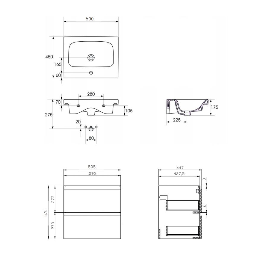 Cersanit S801-223-DSM - Seinään asennettava MODUO-kylpyhuonekaappi pesualtaalla 60x45 cm, kiiltävän valkoinen