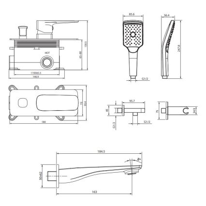 Cersanit S952-039 - Kylpyammeen setti LARGA upotettavalla hanalla, kiiltävä kromi