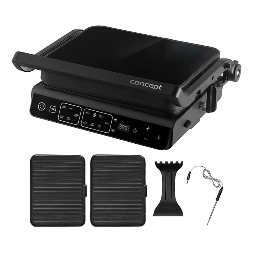 Concept ge3600 - Kontaktigrilli lämpötila-anturin kanssa GLASS 2000W/230V musta