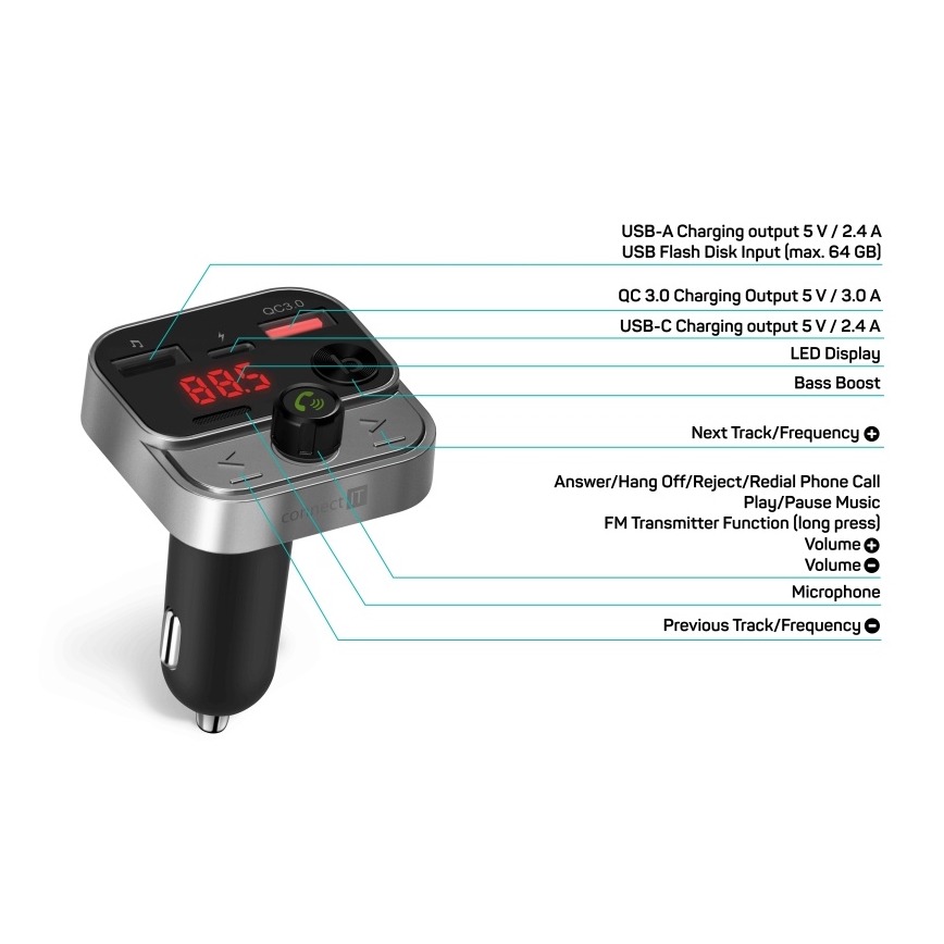 CONNECT IT CCC-8900-AN - FM autolähetin handsfree-toiminnolla musta/hopea