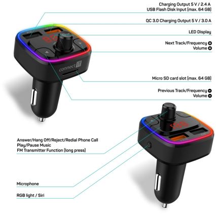 CONNECT IT CCC-9090-BK - LED RGB FM autolähetin handsfree-toiminnolla musta