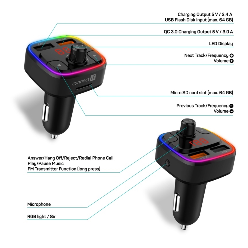 CONNECT IT CCC-9090-BK - LED RGB FM autolähetin handsfree-toiminnolla musta