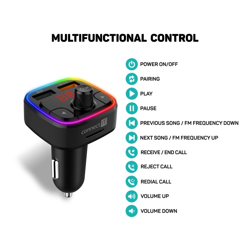 CONNECT IT CCC-9090-BK - LED RGB FM autolähetin handsfree-toiminnolla musta