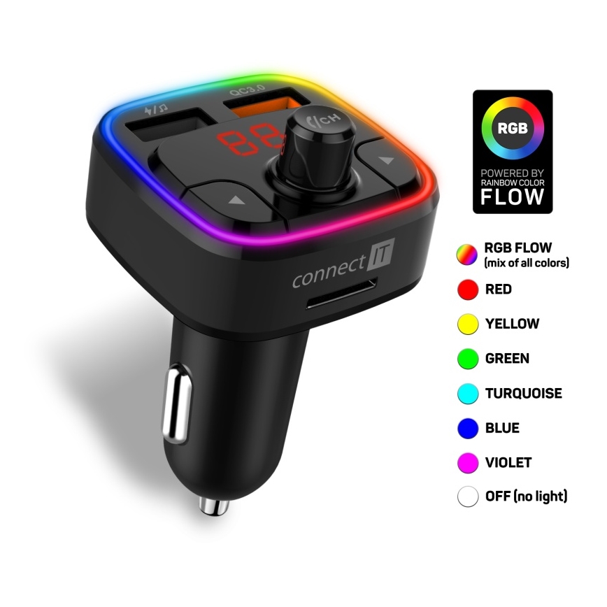 CONNECT IT CCC-9090-BK - LED RGB FM autolähetin handsfree-toiminnolla musta