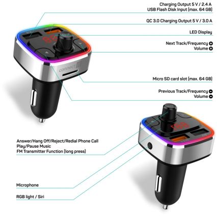 CONNECT IT CCC-9090-SL - LED RGB FM autolähetin handsfree-toiminnolla musta/hopea