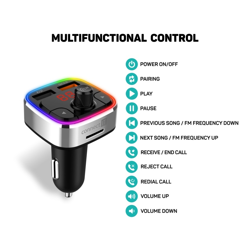 CONNECT IT CCC-9090-SL - LED RGB FM autolähetin handsfree-toiminnolla musta/hopea