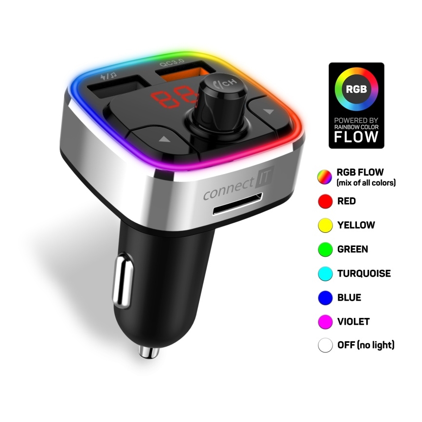 CONNECT IT CCC-9090-SL - LED RGB FM autolähetin handsfree-toiminnolla musta/hopea