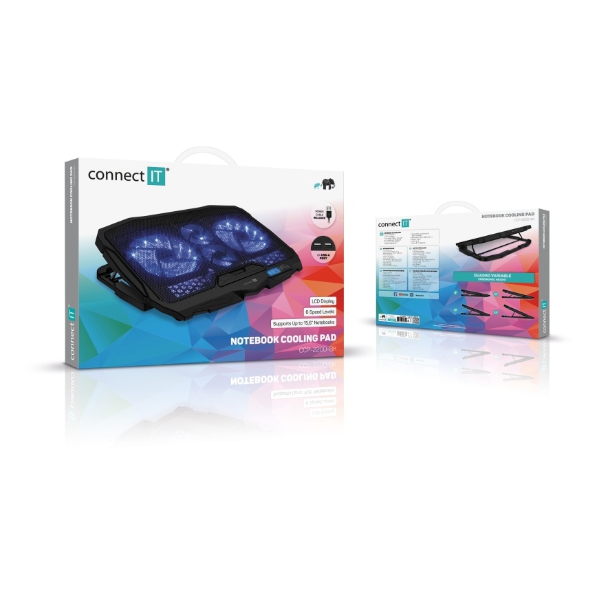 CONNECT IT CCP-2200-BK - Jäähdytystyyny kannettavalle tietokoneelle 4x tuuletin 2xUSB musta//sininen