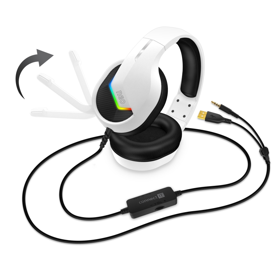 CONNECT IT CHP-3595-WH - LED RGB Langalliset pelikuulokkeet mikrofonilla valkoinen/musta