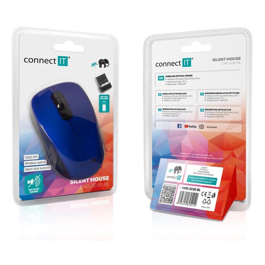 CONNECT IT CMO-2230-BL - Langaton hiljainen hiiri MUTE 1200 DPI 1xAA musta/sininen