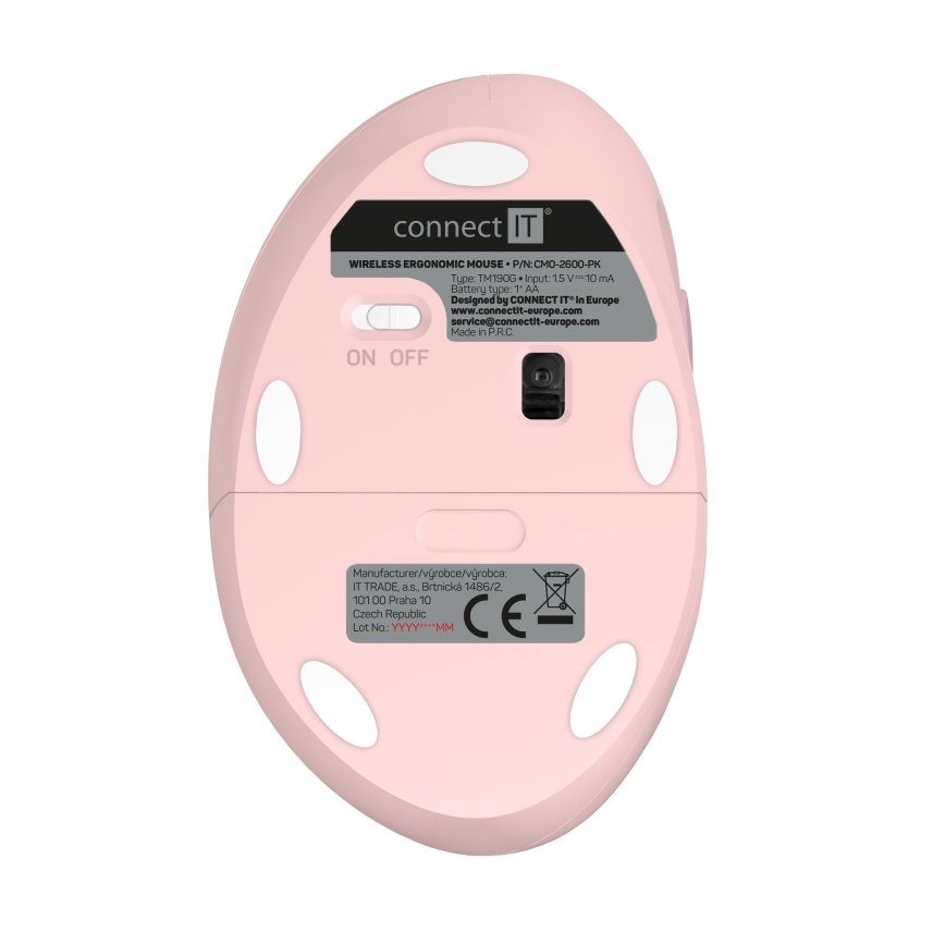 CONNECT IT CMO-2600-PK - Ergonominen langaton hiiri 800/1200/1600 DPI 1xAA vaaleanpunainen
