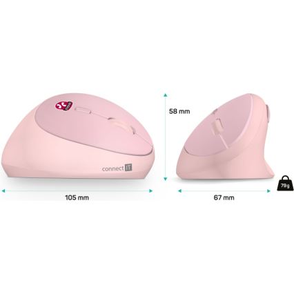 CONNECT IT CMO-2600-PK - Ergonominen langaton hiiri 800/1200/1600 DPI 1xAA vaaleanpunainen