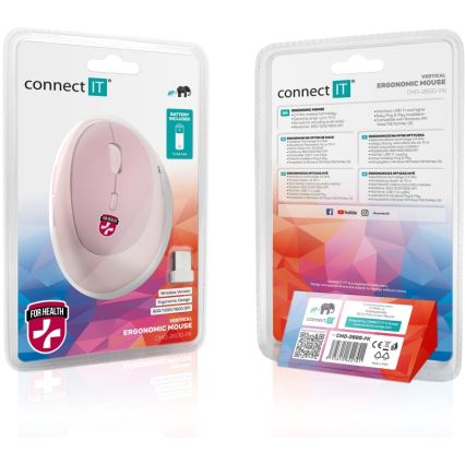 CONNECT IT CMO-2600-PK - Ergonominen langaton hiiri 800/1200/1600 DPI 1xAA vaaleanpunainen