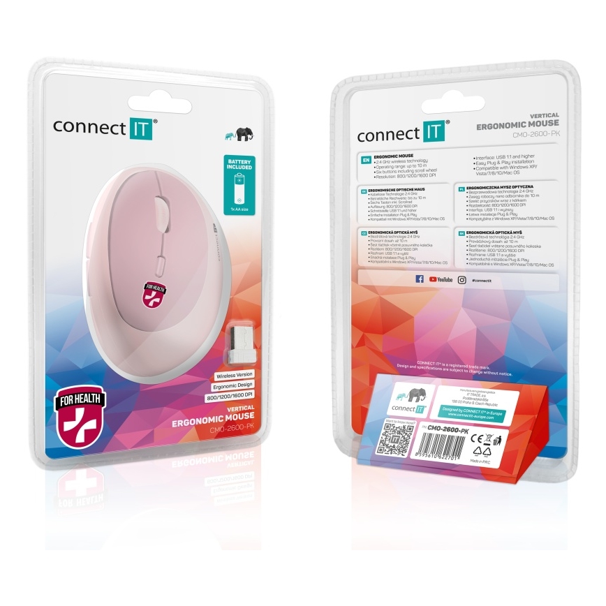 CONNECT IT CMO-2600-PK - Ergonominen langaton hiiri 800/1200/1600 DPI 1xAA vaaleanpunainen