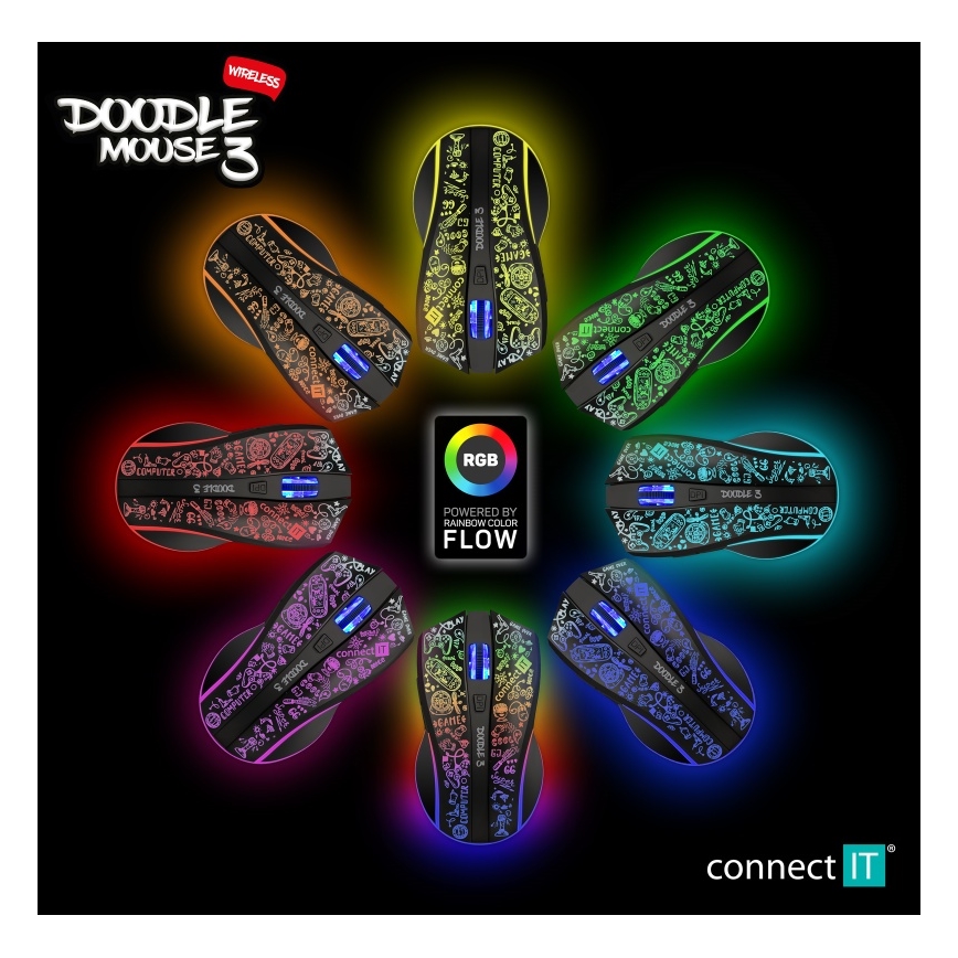 CONNECT IT CMO-3530-DD - LED RGB Langaton ladattava peli hiiri 800/1200/1600/2400/4800 DPI 600 mAh musta