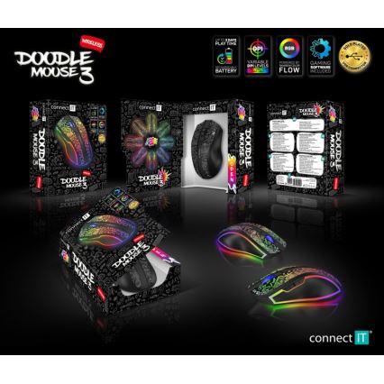 CONNECT IT CMO-3530-DD - LED RGB Langaton ladattava peli hiiri 800/1200/1600/2400/4800 DPI 600 mAh musta