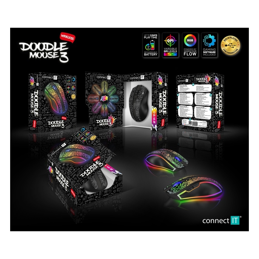 CONNECT IT CMO-3530-DD - LED RGB Langaton ladattava peli hiiri 800/1200/1600/2400/4800 DPI 600 mAh musta