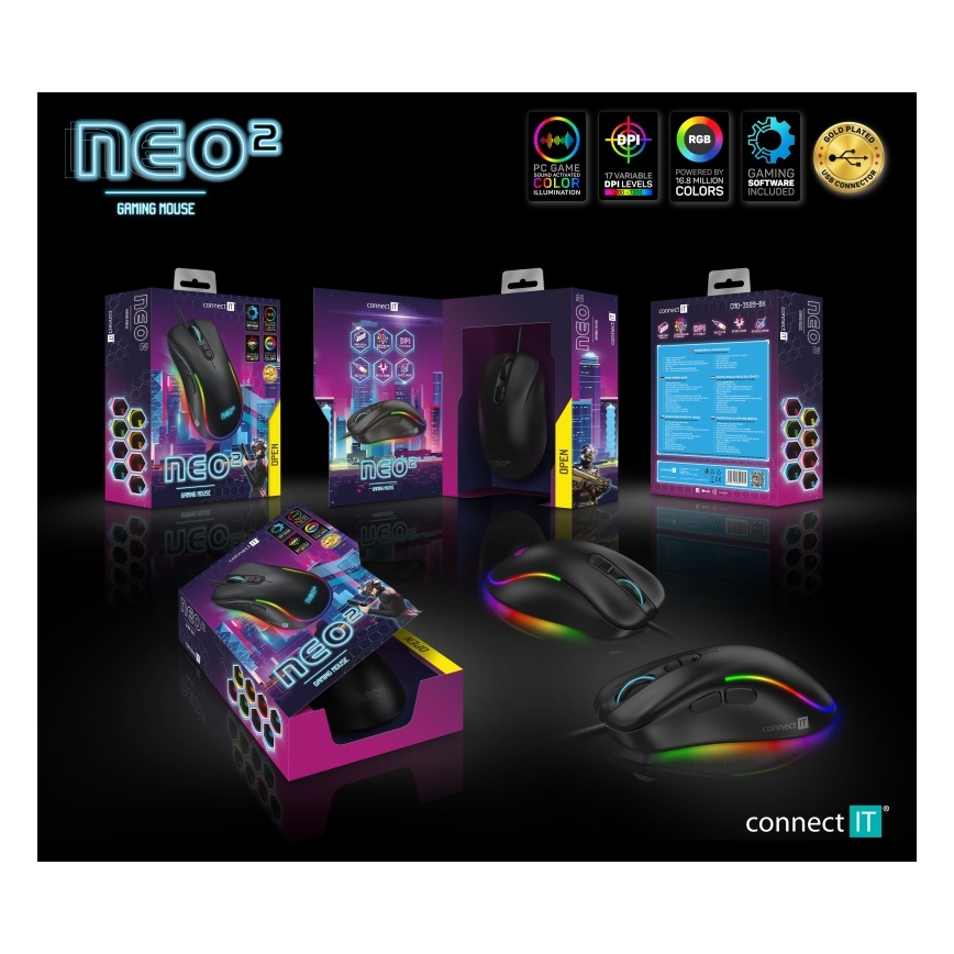 CONNECT IT CMO-3589-BK - LED RGB Langallinen peli hiiri 200-7200 DPI musta