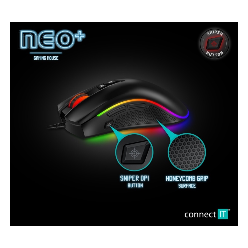 CONNECT IT CMO-3591-BK - LED RGB Langallinen pelihiiri 500-7200 DPI musta