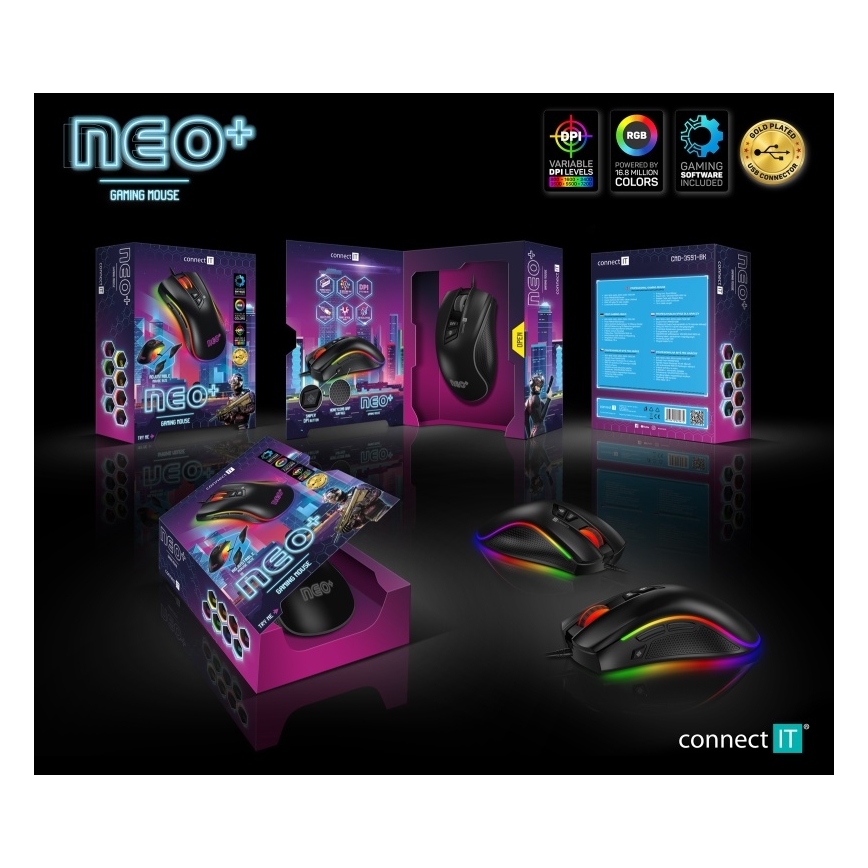 CONNECT IT CMO-3591-BK - LED RGB Langallinen pelihiiri 500-7200 DPI musta