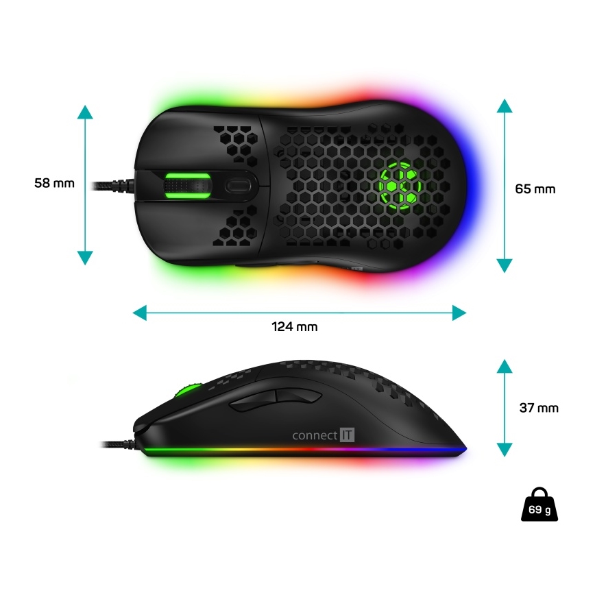 CONNECT IT CMO-5511-BK - LED RGB Langallinen pelihiiri 200-12800 DPI musta