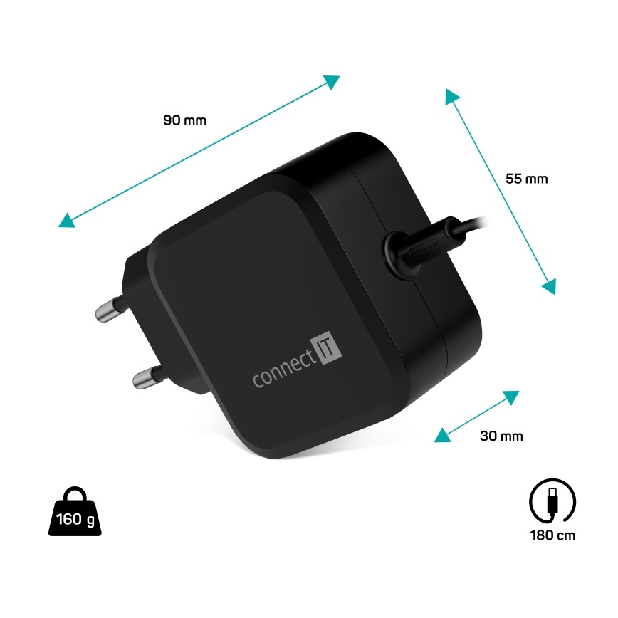CONNECT IT CNP-1660-BK - Yleiskäyttöinen virtalähde kannettaville tietokoneille USB-C 67W