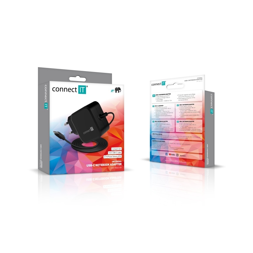 CONNECT IT CNP-1660-BK - Yleiskäyttöinen virtalähde kannettaville tietokoneille USB-C 67W