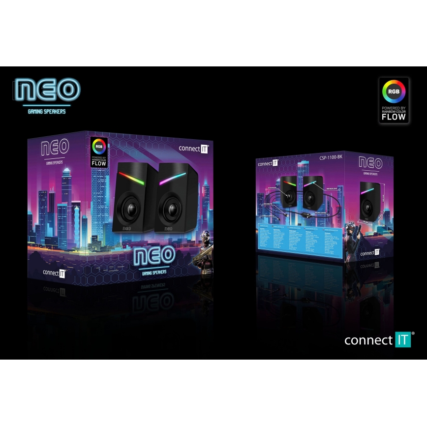 CONNECT IT CSP-1100-BK - SETTI 2x LED RGB Pelaaminen kaiutin 6W/5V musta