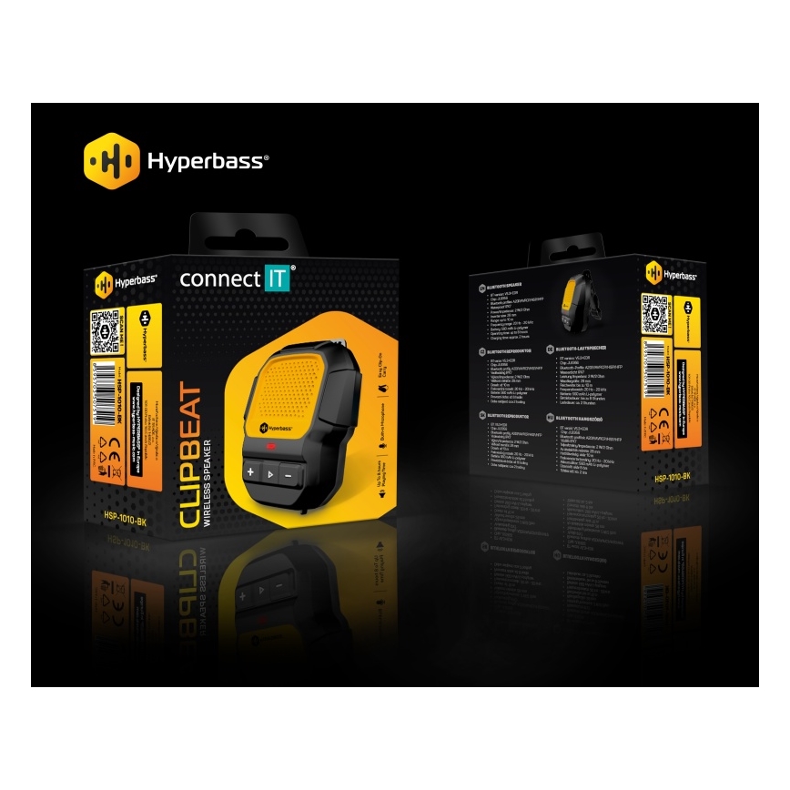CONNECT IT HSP-1010-BK - Langaton ClipBEAT-kaiutin mikrofonilla, 2W/5V, 560 mAh, IPX7, musta/keltainen