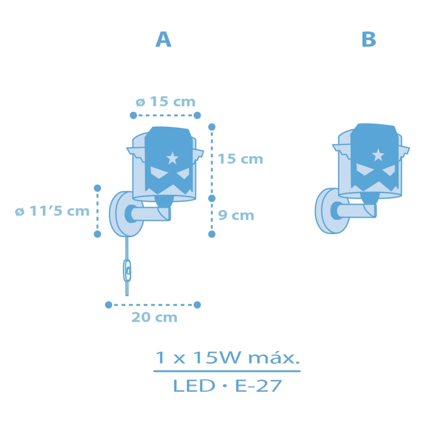 Dalber 61819 - Lasten seinävalaisin SININEN HERO 1xE27/15W/230V