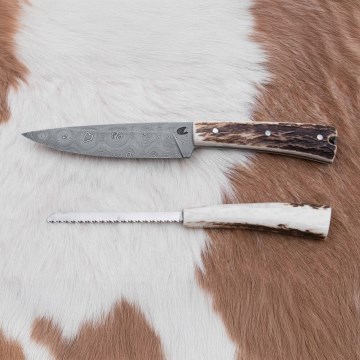 Damaskos metsästysveitsi minisahalla 12 cm poronsarvet