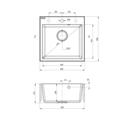 Deante ZQJNN103 - Keittiön pesuallas EVORA 50x50 cm + pesualtaan hana joustavalla kädellä graniitti/musta