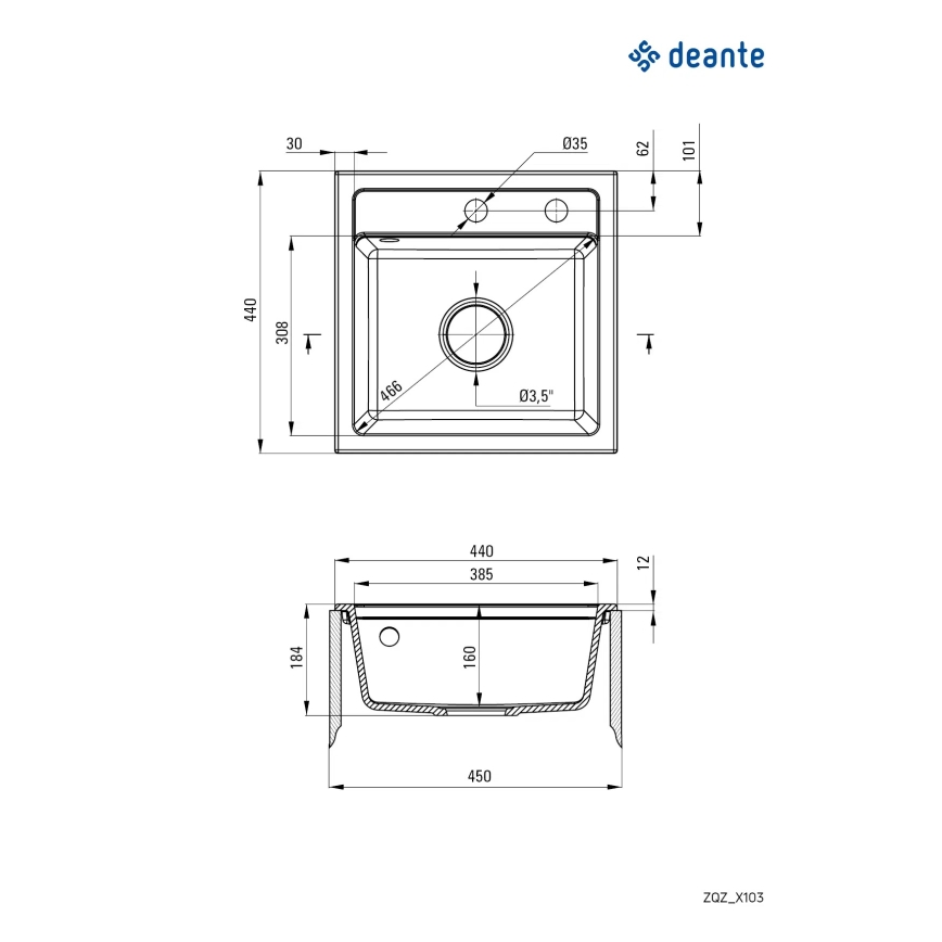 Deante ZQZ_S103 - Keittiöallas ZORBA 44x44 cm graniitti/metallinhohtainen harmaa