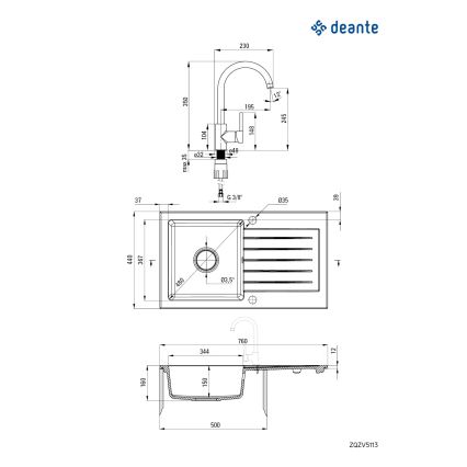 Deante ZQZVT113 - Keittiön pesuallas ZORBA 76x44 cm + pesualtaan hana graniitti/metallinen antrasiitti