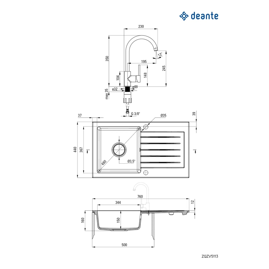 Deante ZQZVT113 - Keittiön pesuallas ZORBA 76x44 cm + pesualtaan hana graniitti/metallinen antrasiitti