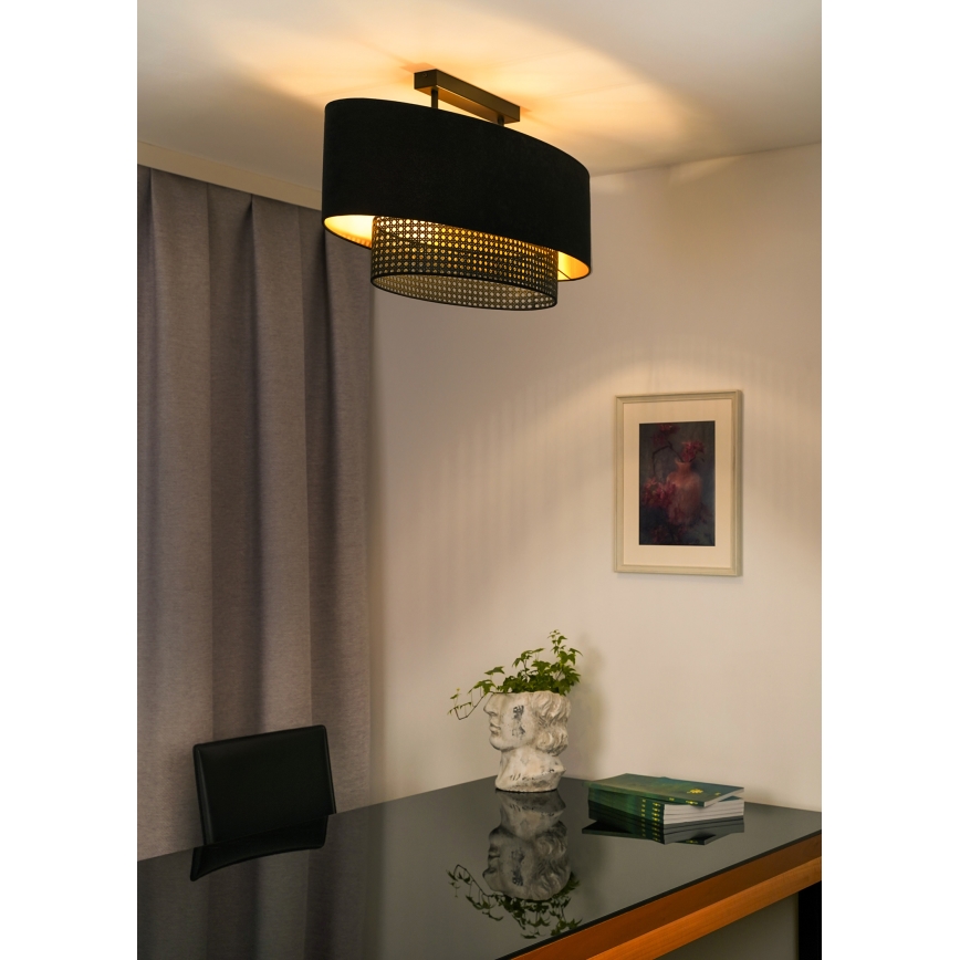 Duolla - Kiinteä kattokruunu DOUBLE OVAL RATTAN 2xE27/15W/230V musta/rottinki