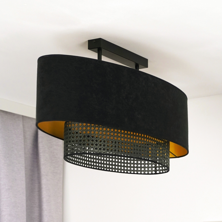 Duolla - Kiinteä kattokruunu DOUBLE OVAL RATTAN 2xE27/15W/230V musta/rottinki