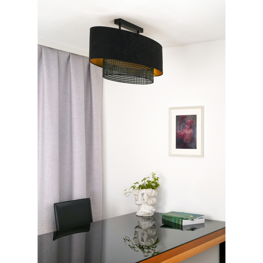 Duolla - Kiinteä kattokruunu DOUBLE OVAL RATTAN 2xE27/15W/230V musta/rottinki