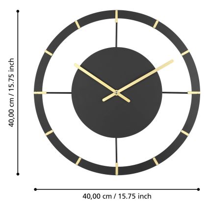 Eglo - Seinäkello 1xAA halkaisija 40 cm musta/kulta