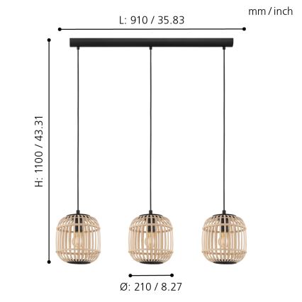 Eglo 43217 - Kattokruunu narulla BORDESLEY 3xE27/28W/230V