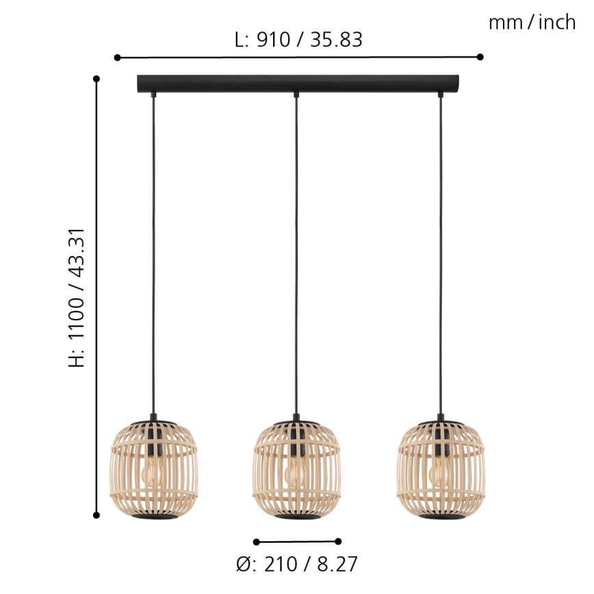 Eglo 43217 - Kattokruunu narulla BORDESLEY 3xE27/28W/230V