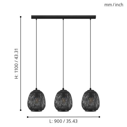 Eglo 43266 - Kattokruunu narulla DEMBLEBY 1 3xE27/40W/230V