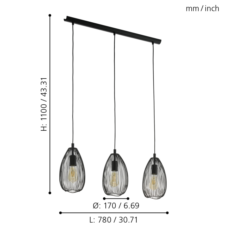 Eglo 49142 - Kattokruunu narulla CLEVEDON 3xE27/60W/230V