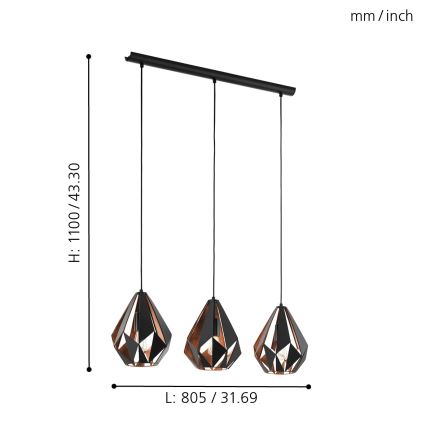 Eglo 49991 - Riippuvalaisin CARLTON 1 3xE27/60W/230V