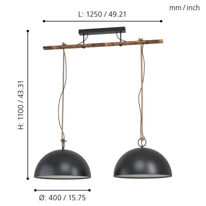 Eglo 78444 - Kattokruunu johdossa HODSOLL 2xE27/40W/230V musta/ruskea