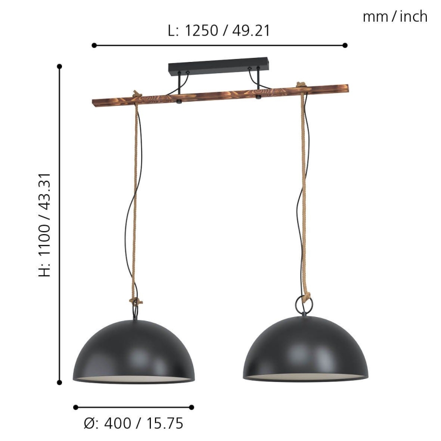 Eglo 78444 - Kattokruunu johdossa HODSOLL 2xE27/40W/230V musta/ruskea